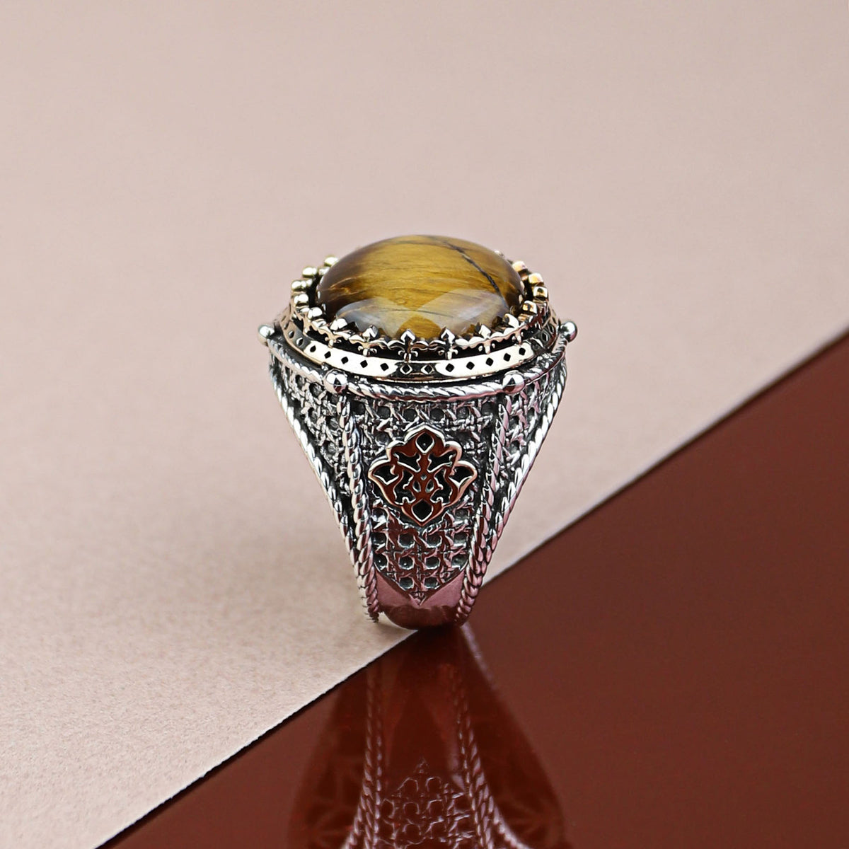 925 Silver Men Handmade Round Tiger Eye Gemstone Ring