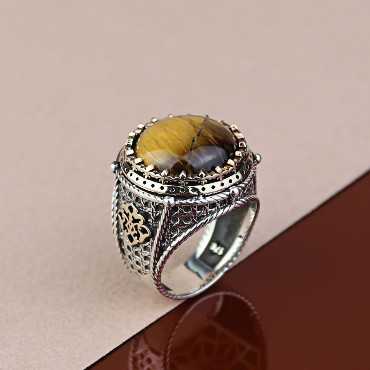 925 Silver Men Handmade Round Tiger Eye Gemstone Ring