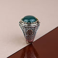Men Turkish Handmade Round Green Agate Gemstone Ring