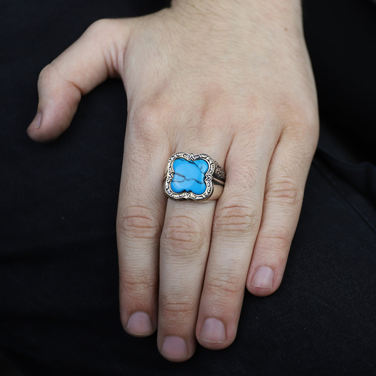 925 Silver Men Handmade Blue Turquoise Gemstone Ring