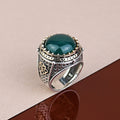 Men Turkish Handmade Round Green Agate Gemstone Ring