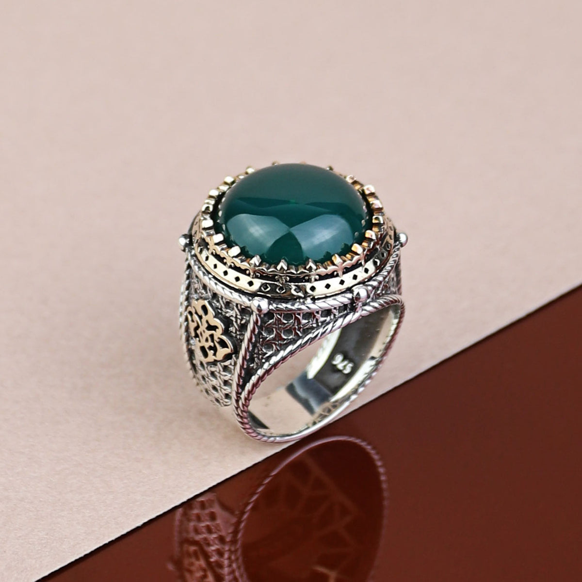 Men Turkish Handmade Round Green Agate Gemstone Ring