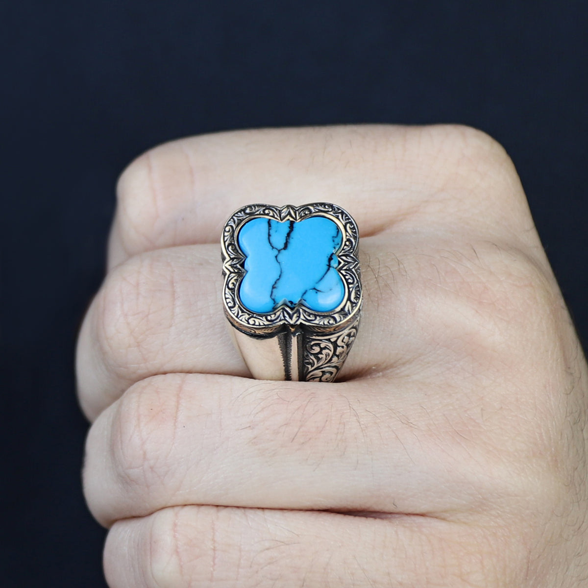 925 Silver Men Handmade Blue Turquoise Gemstone Ring