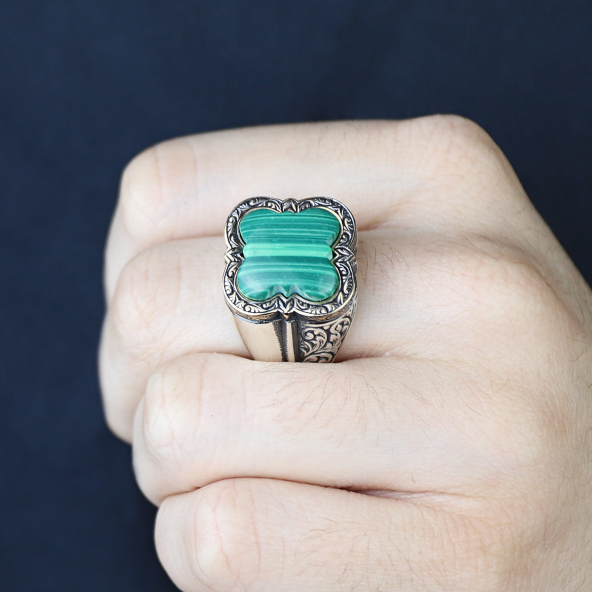Men Handmade Malachite Gemstone Ottoman Style Ring