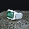 Men Solid Silver Green Emerald Gemstone Iced Out Rİng