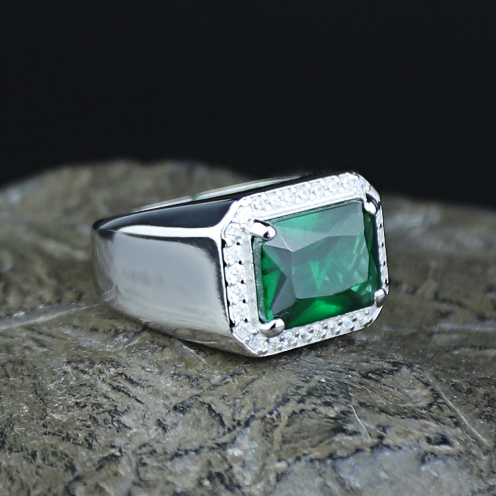 Men Solid Silver Green Emerald Gemstone Iced Out Rİng