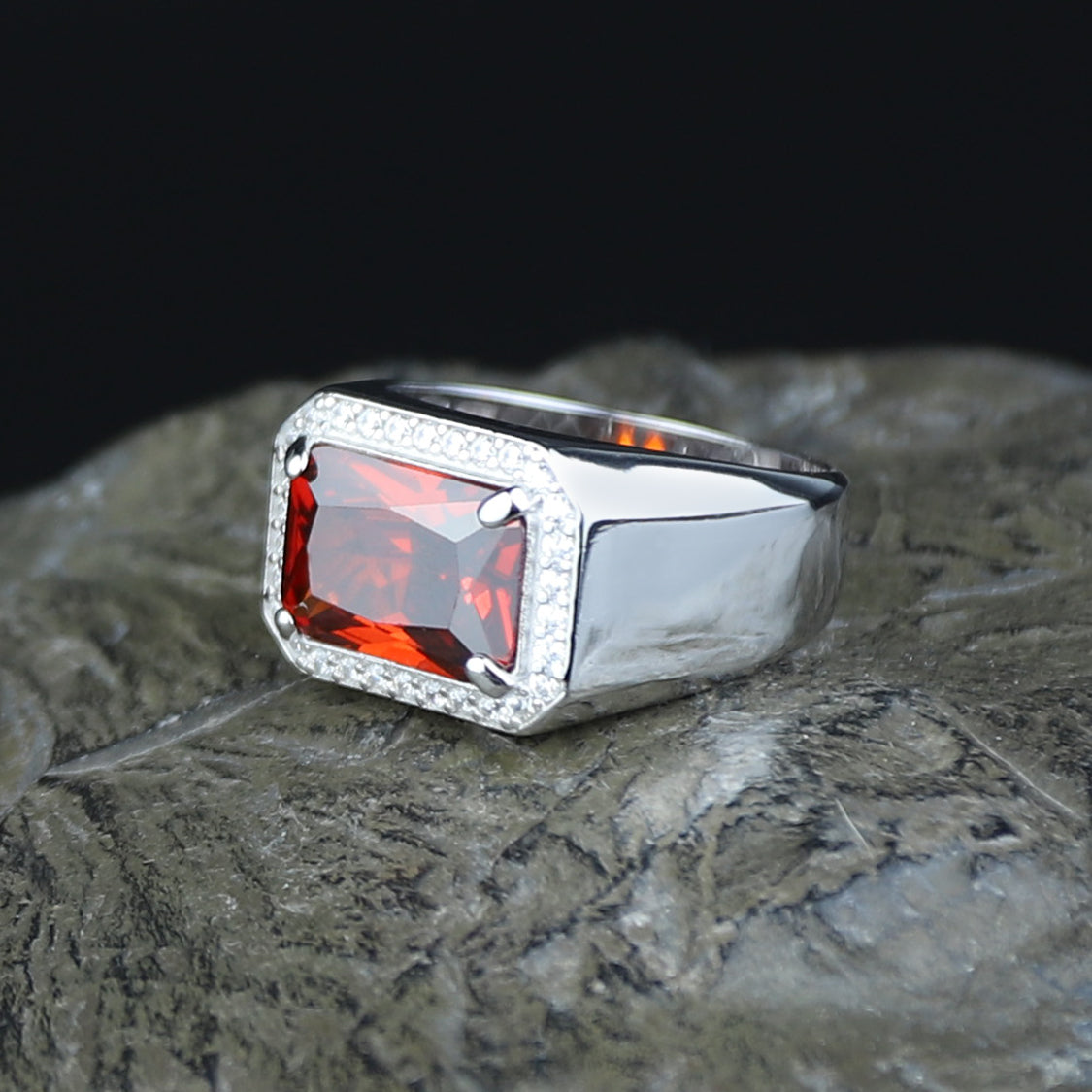 Men Solid Silver Garnet Silver Diamond Men Ring