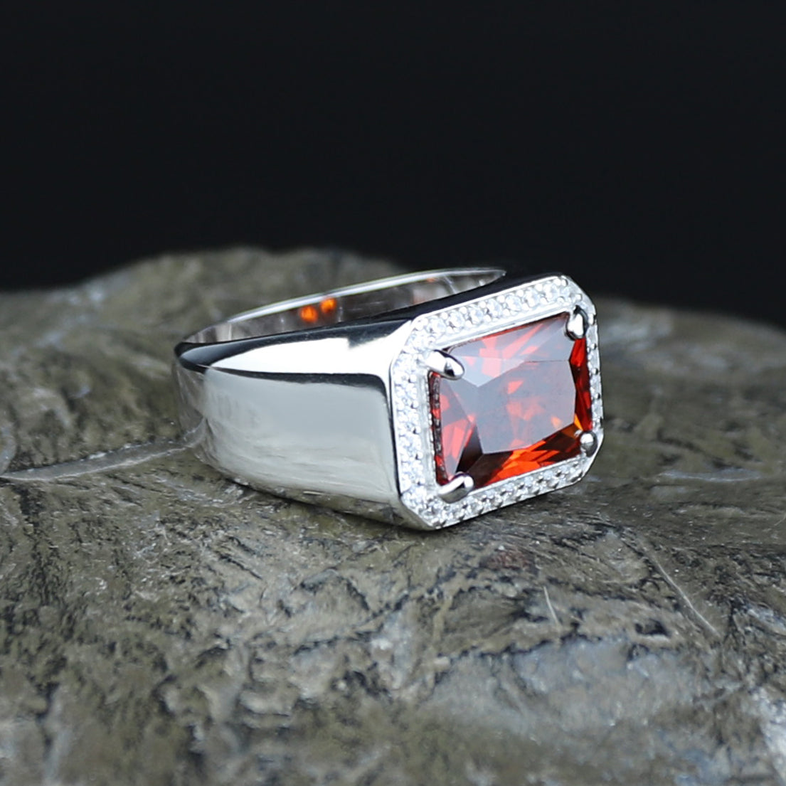 Men Solid Silver Garnet Silver Diamond Men Ring