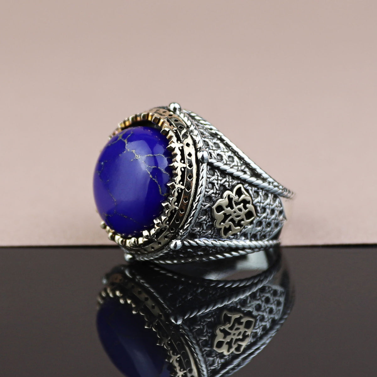 925 Sterling Silver Round Natural Lapis Lazuli Ottoman Style Ring