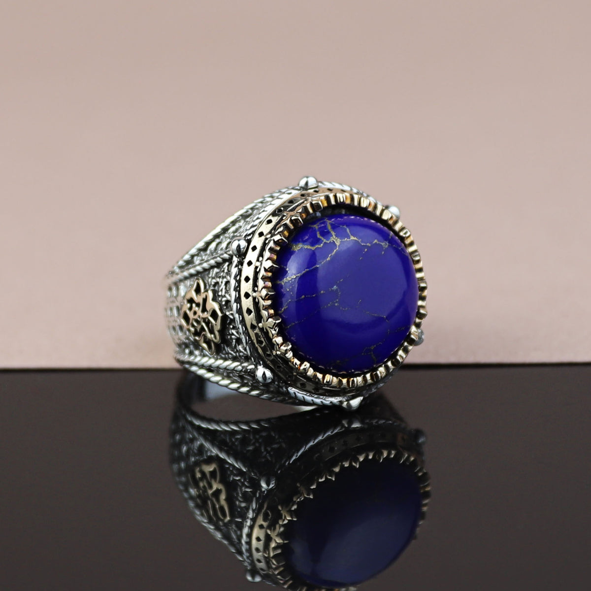 925 Sterling Silver Round Natural Lapis Lazuli Ottoman Style Ring