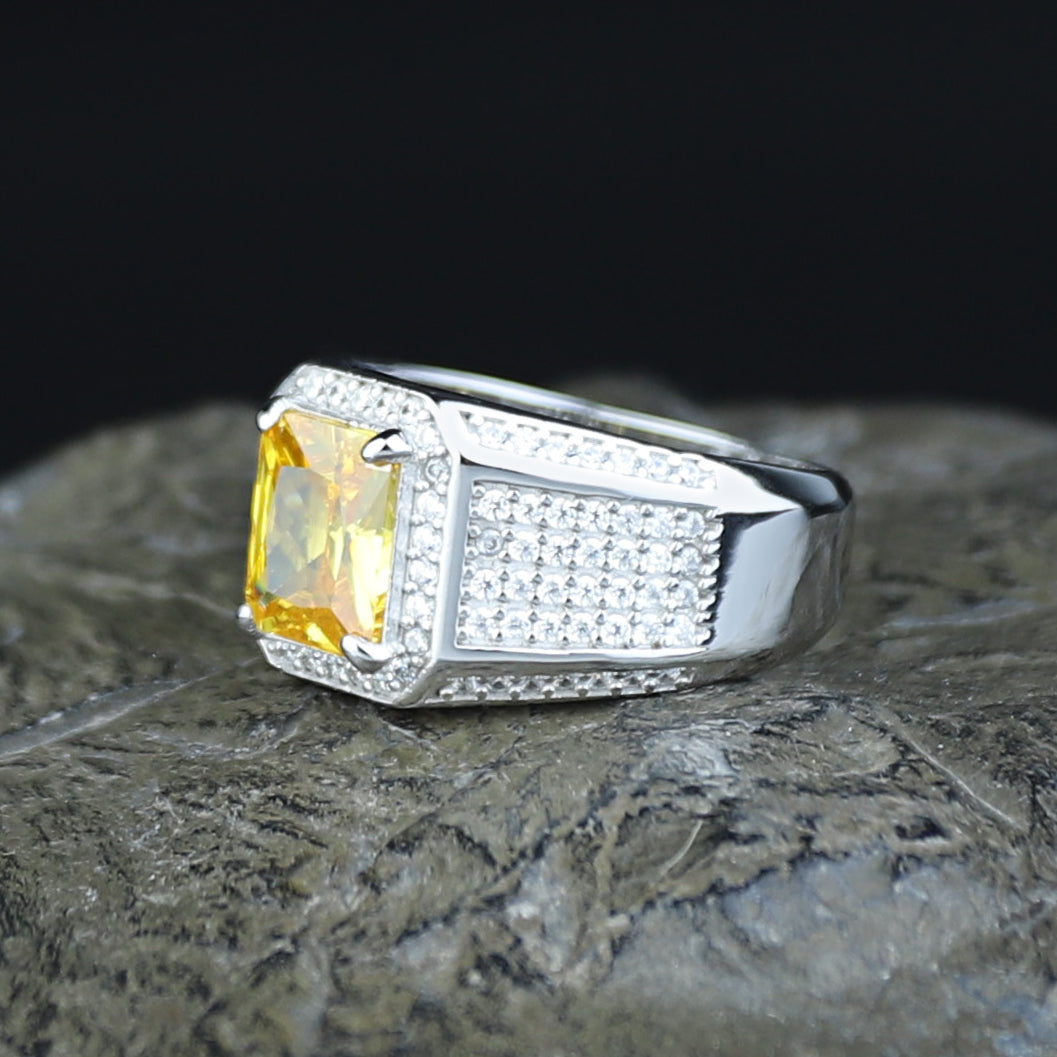 Men Handmade Square Yellow Citrine Gemstone Solid Silver Ring