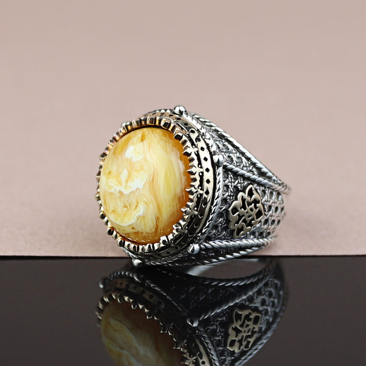 925 Silver Handmade Round Natural Yellow Agate Gemstone Ring