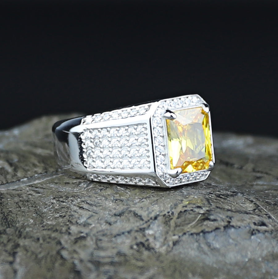 Men Handmade Square Yellow Citrine Gemstone Solid Silver Ring
