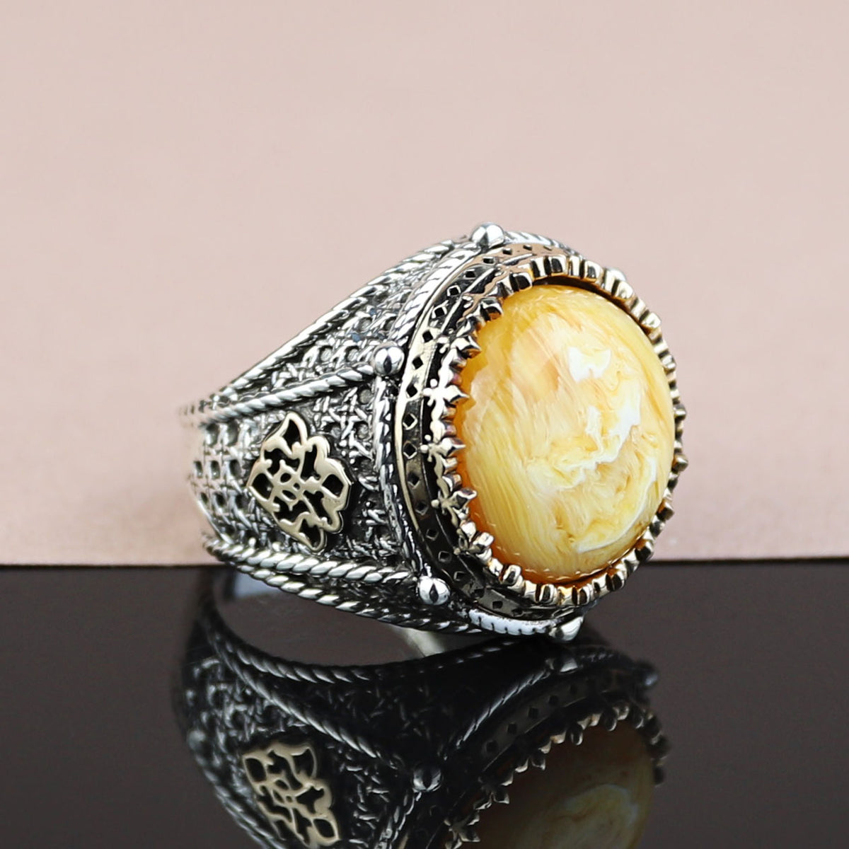925 Silver Handmade Round Natural Yellow Agate Gemstone Ring
