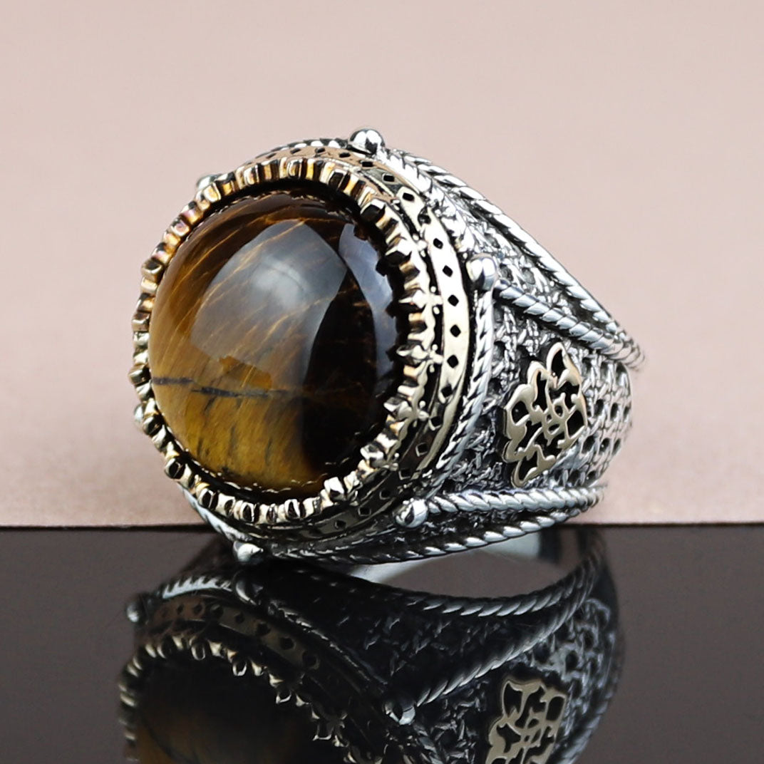 925 Silver Men Handmade Round Tiger Eye Gemstone Ring