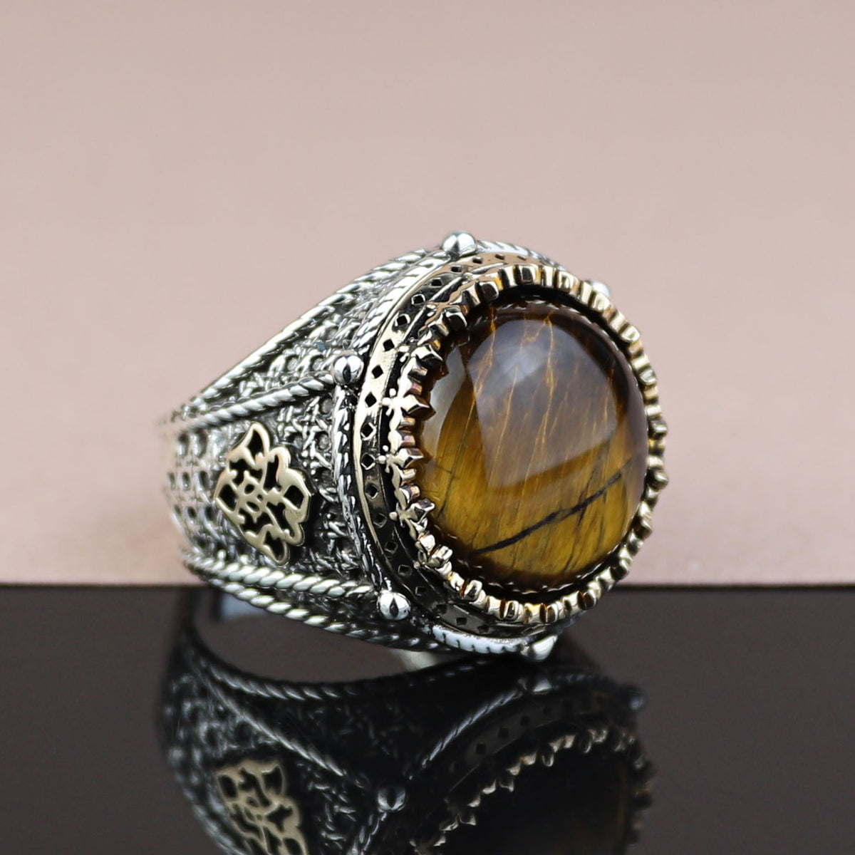925 Silver Men Handmade Round Tiger Eye Gemstone Ring