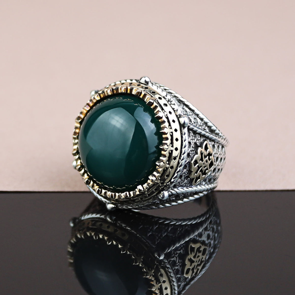 Men Turkish Handmade Round Green Agate Gemstone Ring