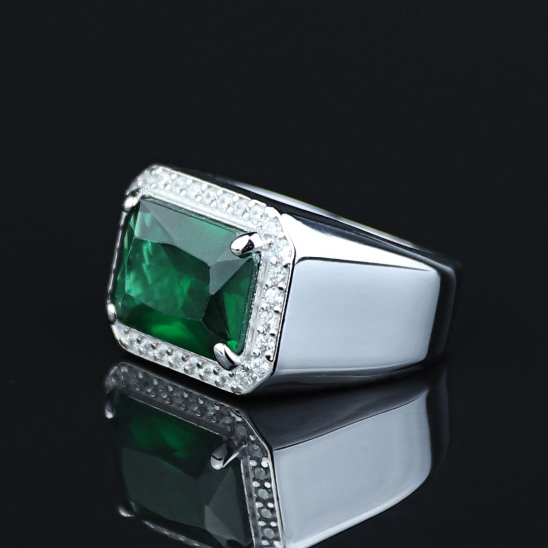 Men Solid Silver Green Emerald Gemstone Iced Out Rİng