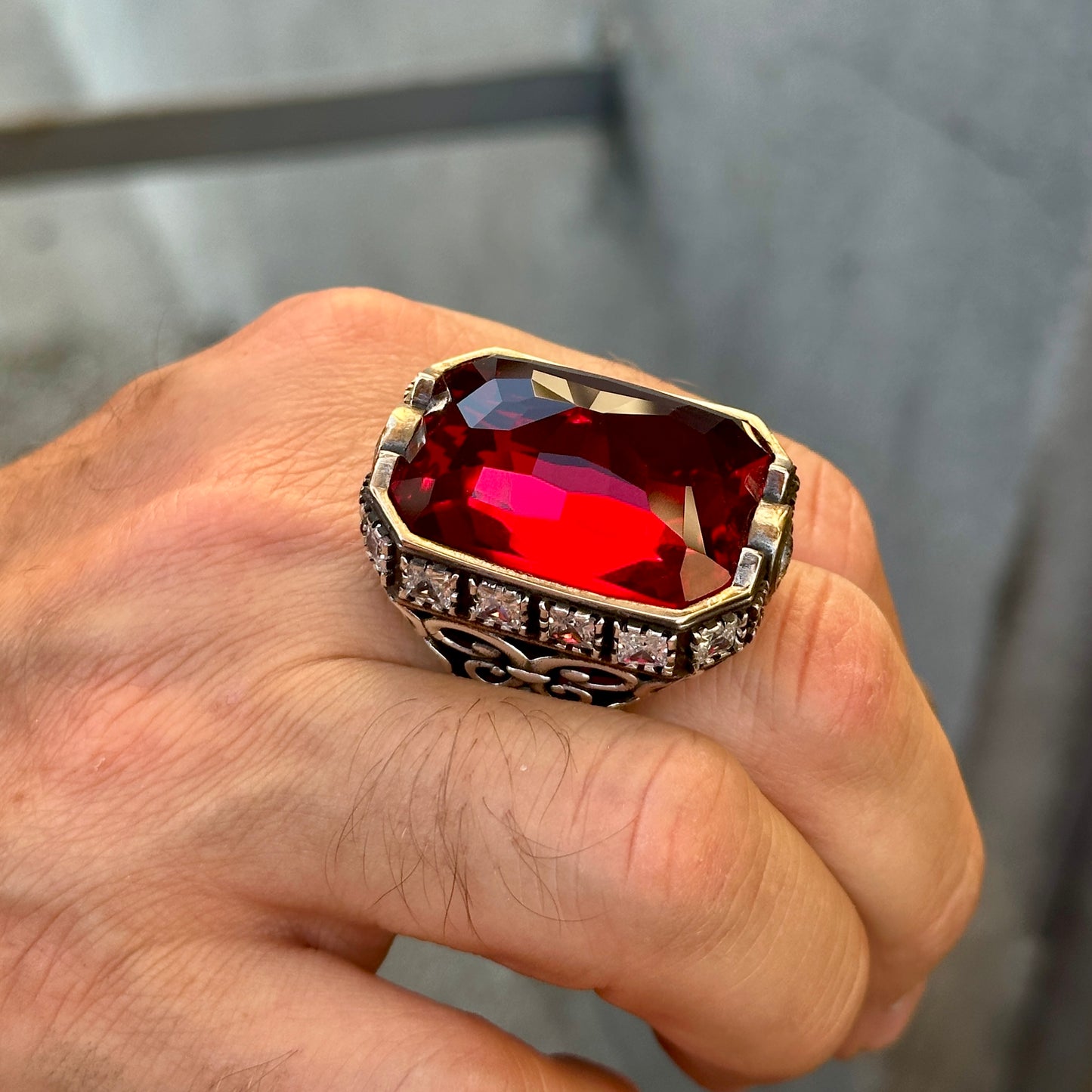 Men Silver Large Handmade Ruby Gemstone Ring