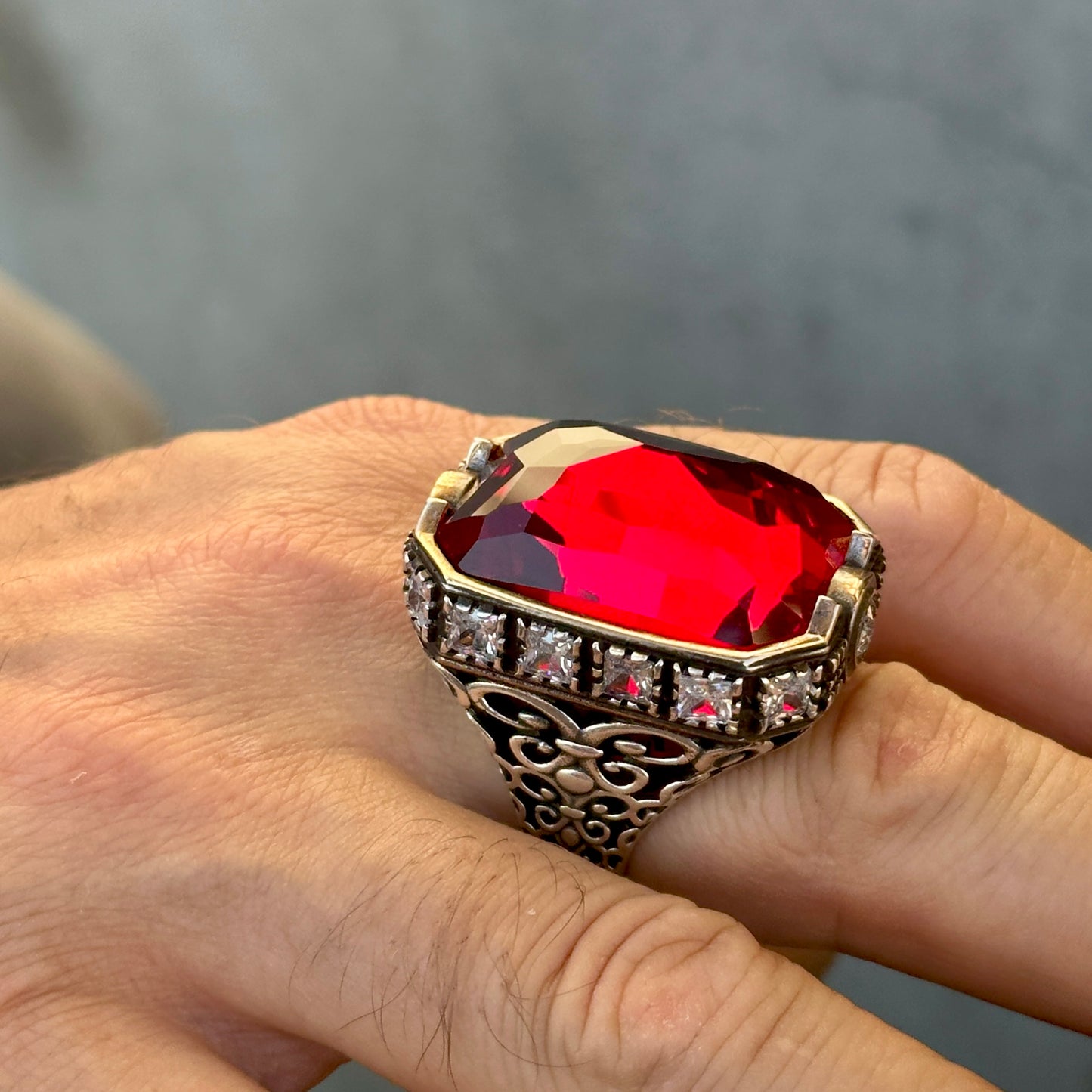 Men Silver Large Handmade Ruby Gemstone Ring