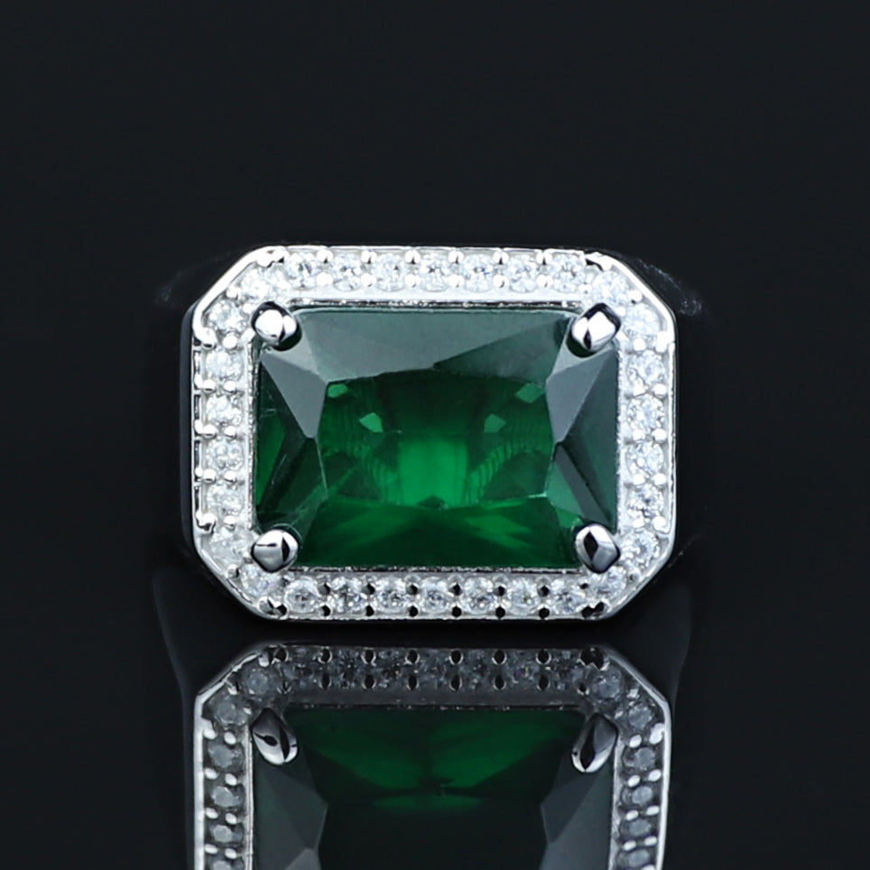Men Solid Silver Green Emerald Gemstone Iced Out Rİng