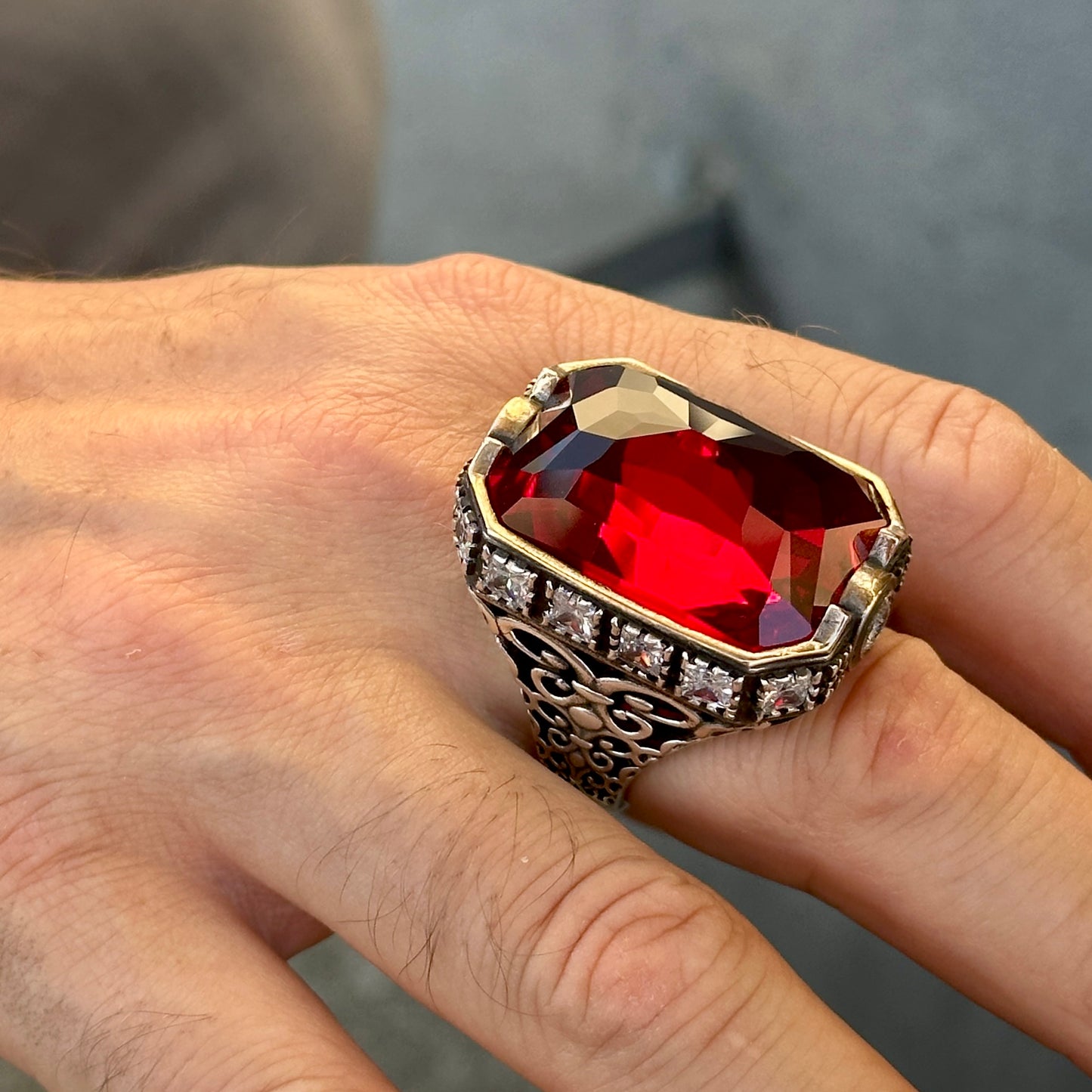 Men Silver Large Handmade Ruby Gemstone Ring