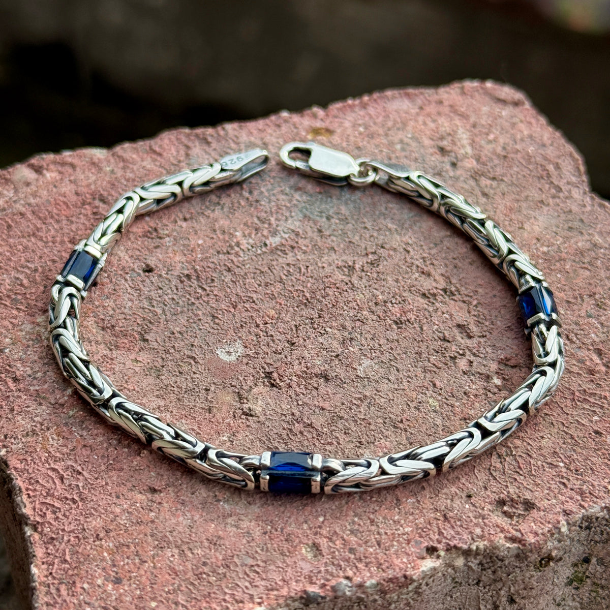 925 Solid Silver 4MM Blue Sapphire Gemstone Chain Bracelet