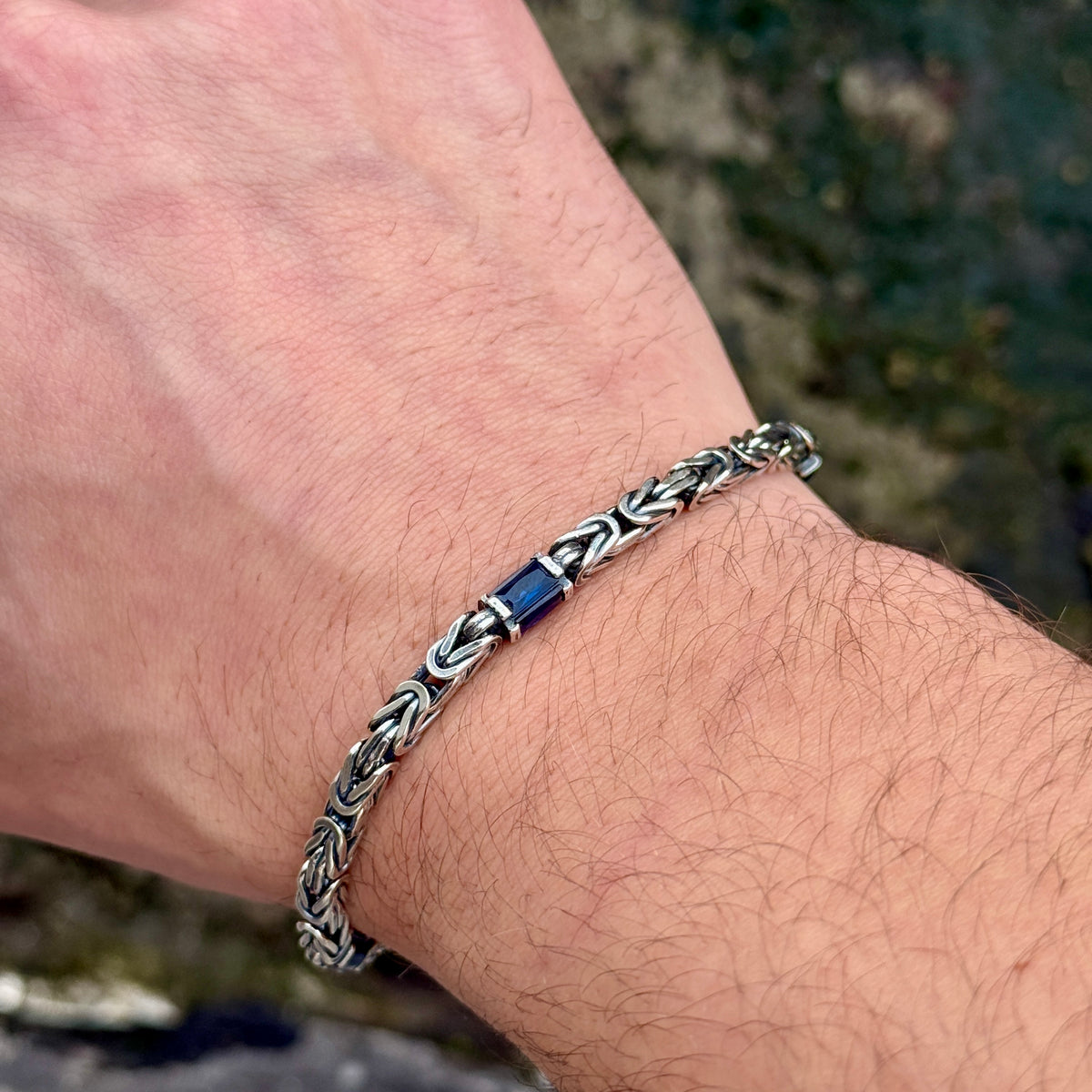 925 Silver Square 4MM Byzantine Sapphire Chain Bracelet
