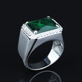 Men Solid Silver Green Emerald Gemstone Iced Out Rİng