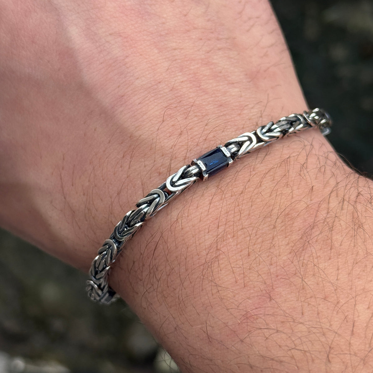 925 Silver Square 4MM Byzantine Sapphire Chain Bracelet