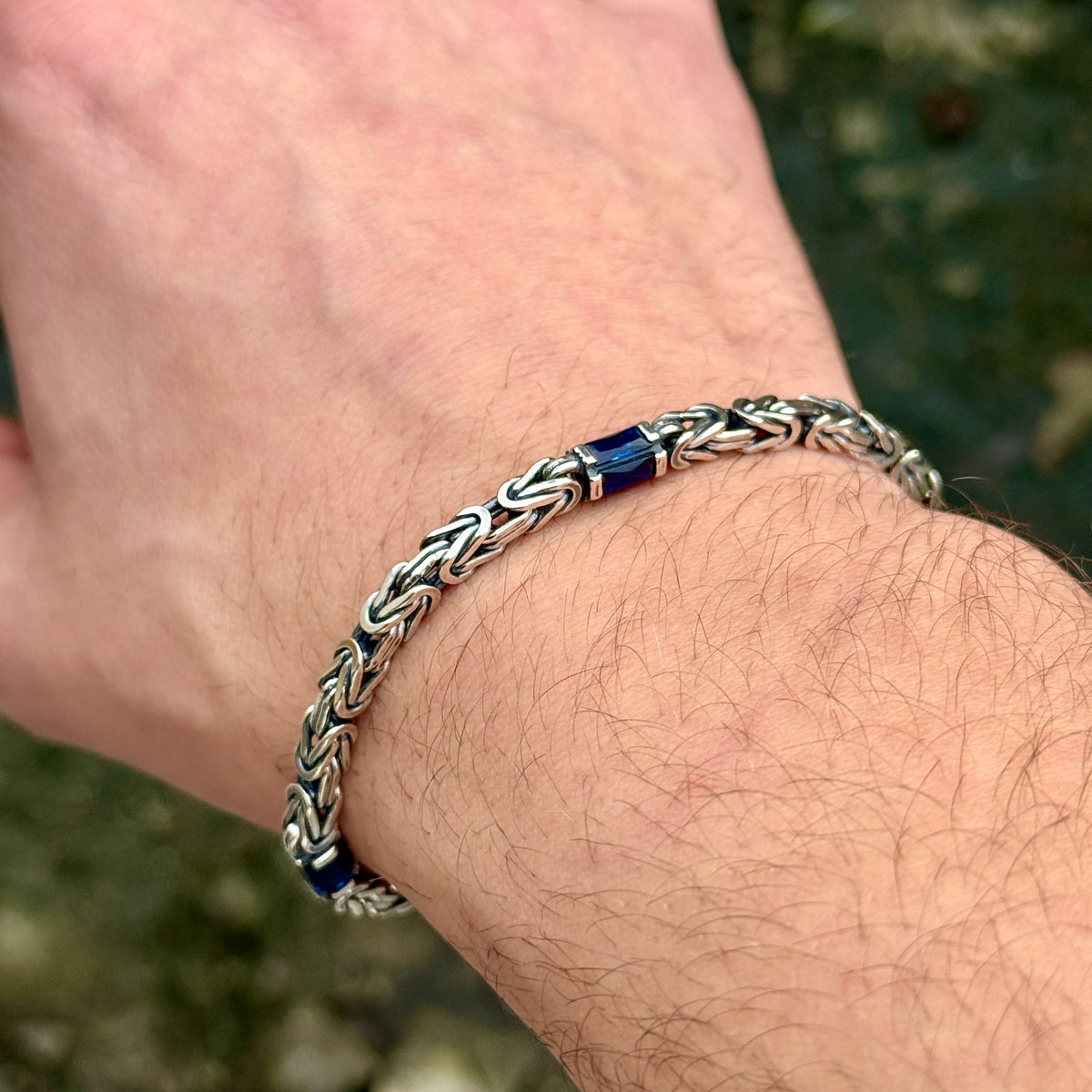925 Silver Square 4MM Byzantine Sapphire Chain Bracelet