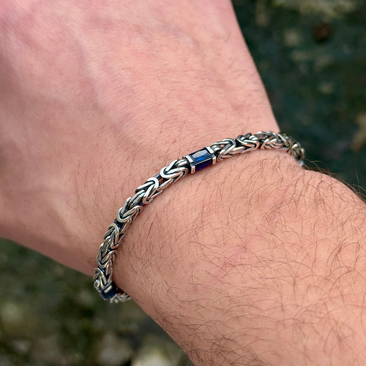 925 Silver Square 4MM Byzantine Sapphire Chain Bracelet