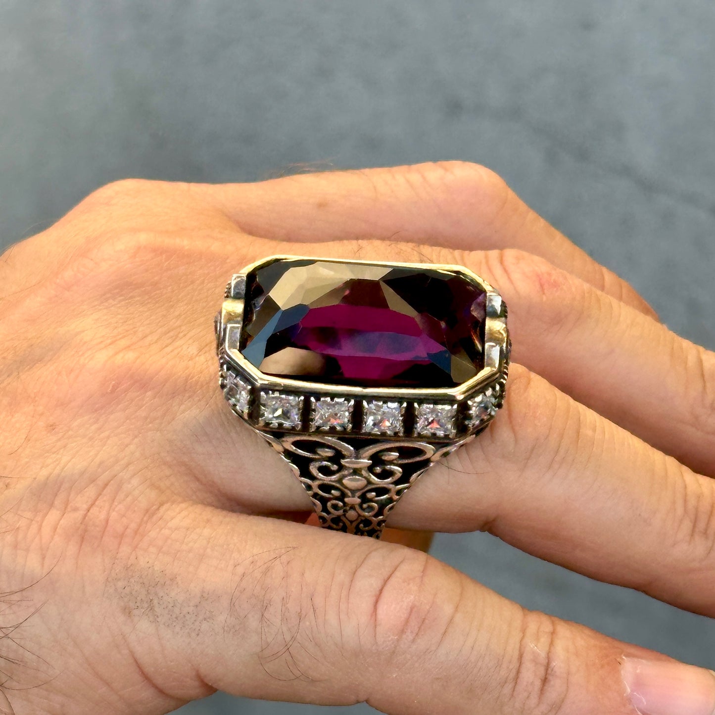 Men Silver Handmade Large Amethyst Gemstone Ottoman Ring