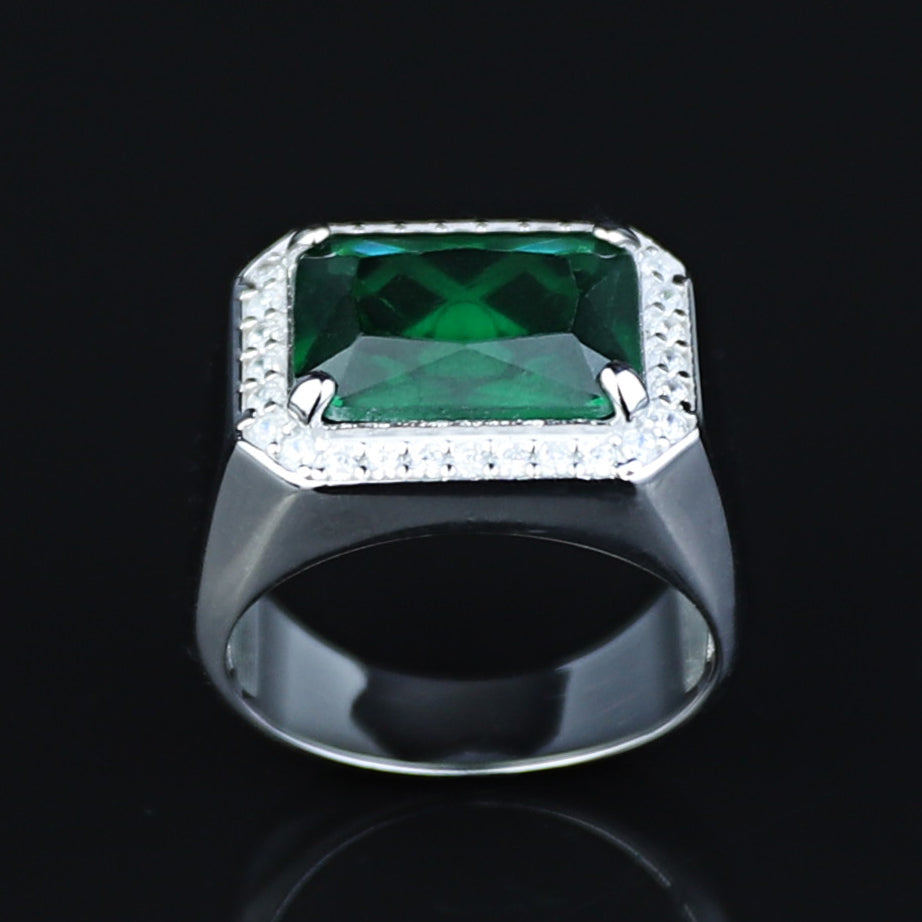 Men Solid Silver Green Emerald Gemstone Iced Out Rİng