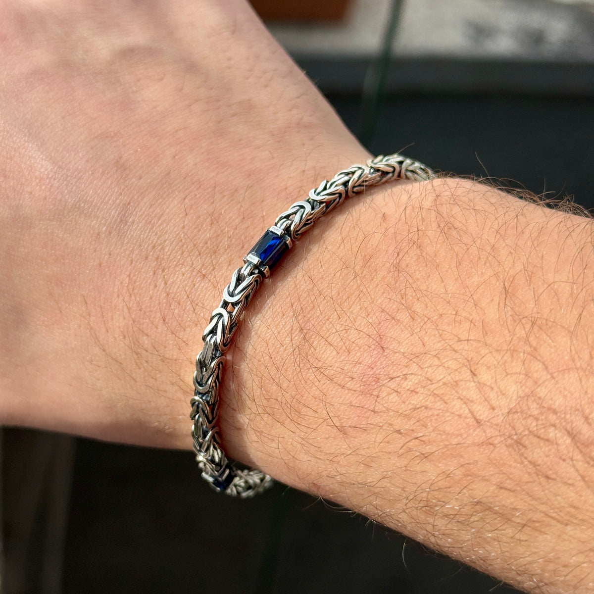 925 Silver Square 4MM Byzantine Sapphire Chain Bracelet