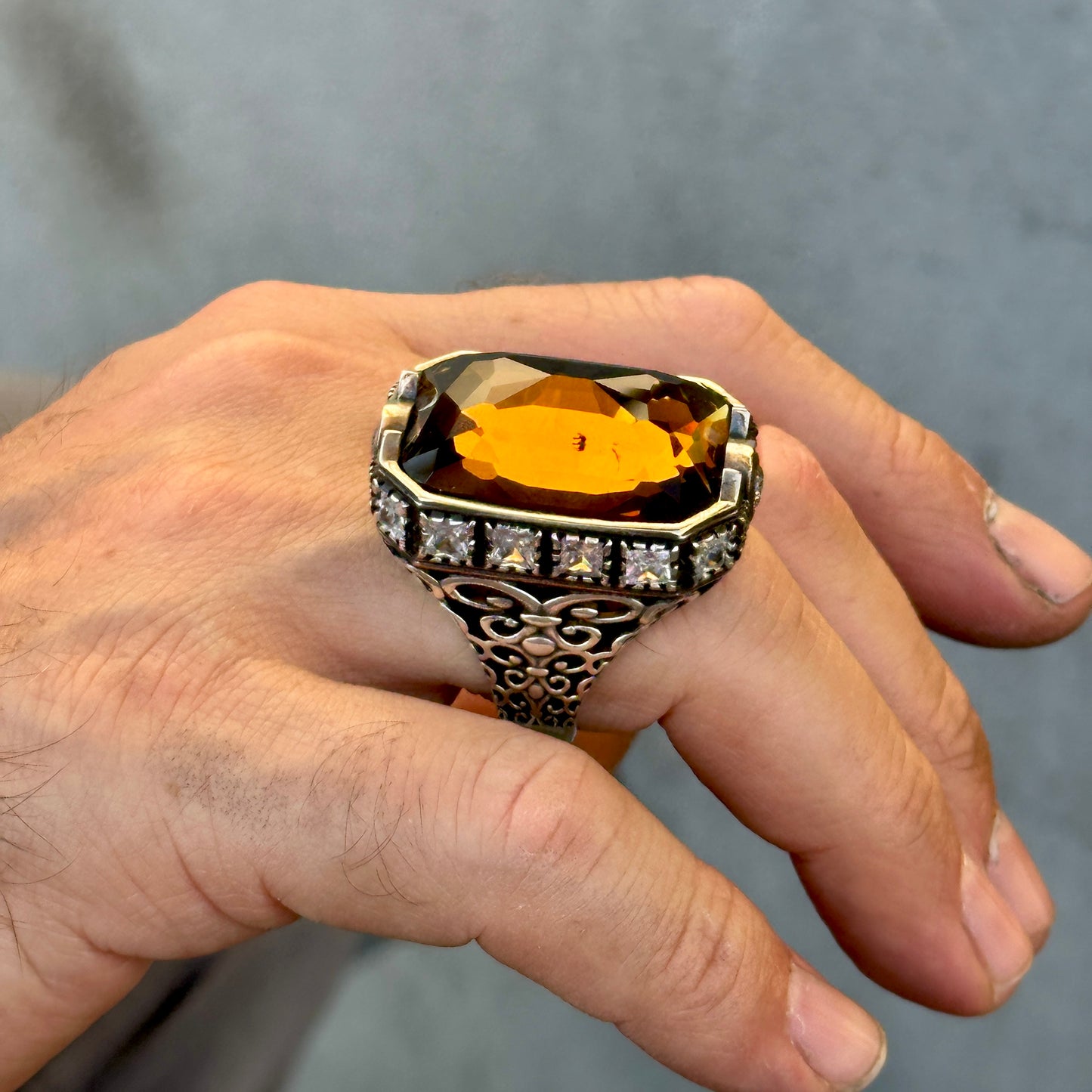 Men Handmade Large Raw Citrine Gemstone Ottoman Ring