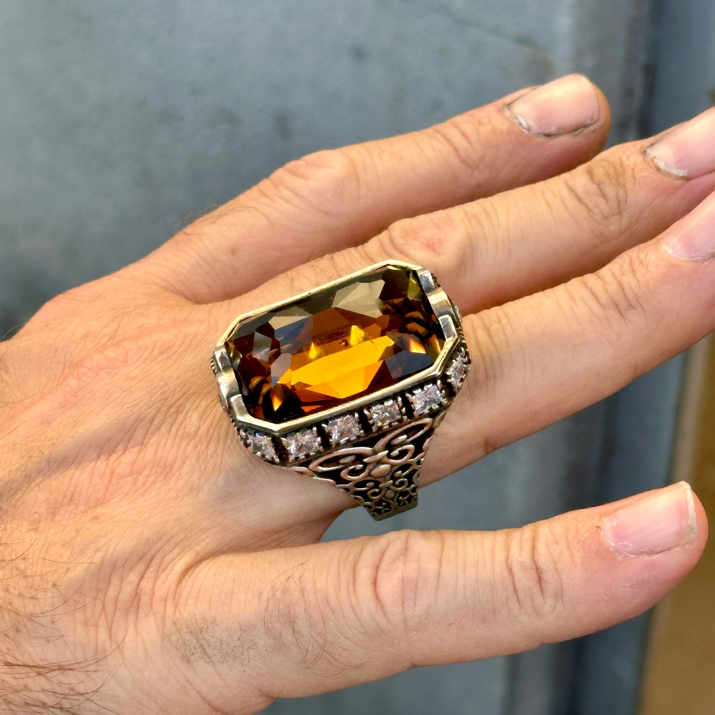 Men Handmade Large Raw Citrine Gemstone Ottoman Ring