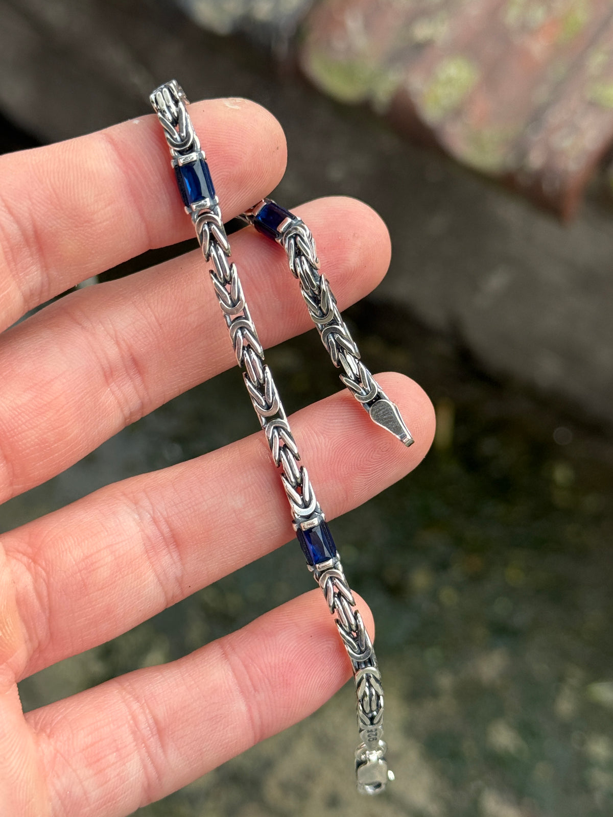 925 Silver Square 4MM Byzantine Sapphire Chain Bracelet