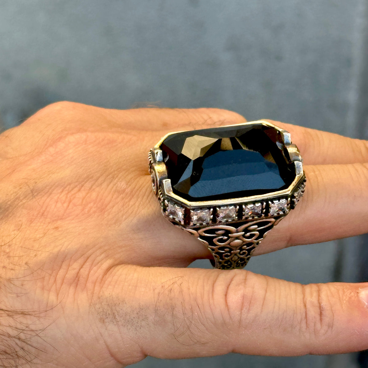 Silver Handmade Large Black Onyx Gemstone Ring