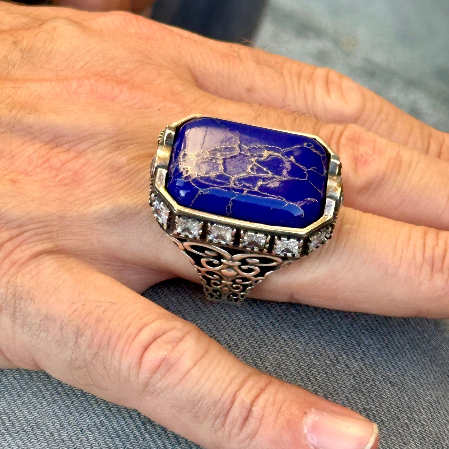 Men Silver Natural Lapis Gemstone Large Ottoman Ring