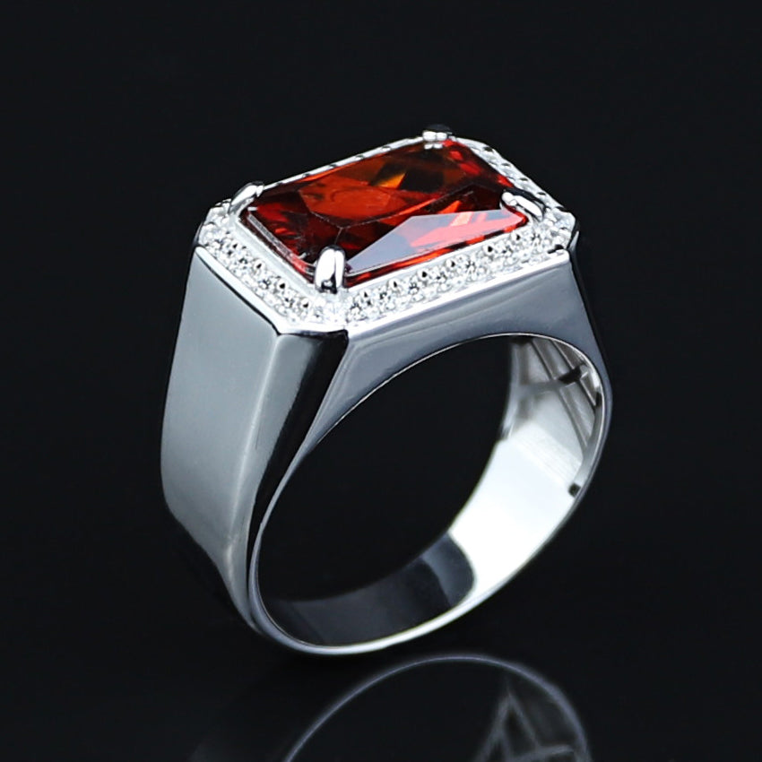 Men Solid Silver Garnet Silver Diamond Men Ring