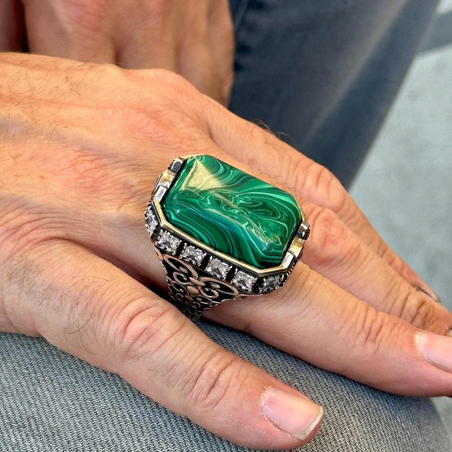 Men Silver Large Square Green Malachite Gemstone Ring