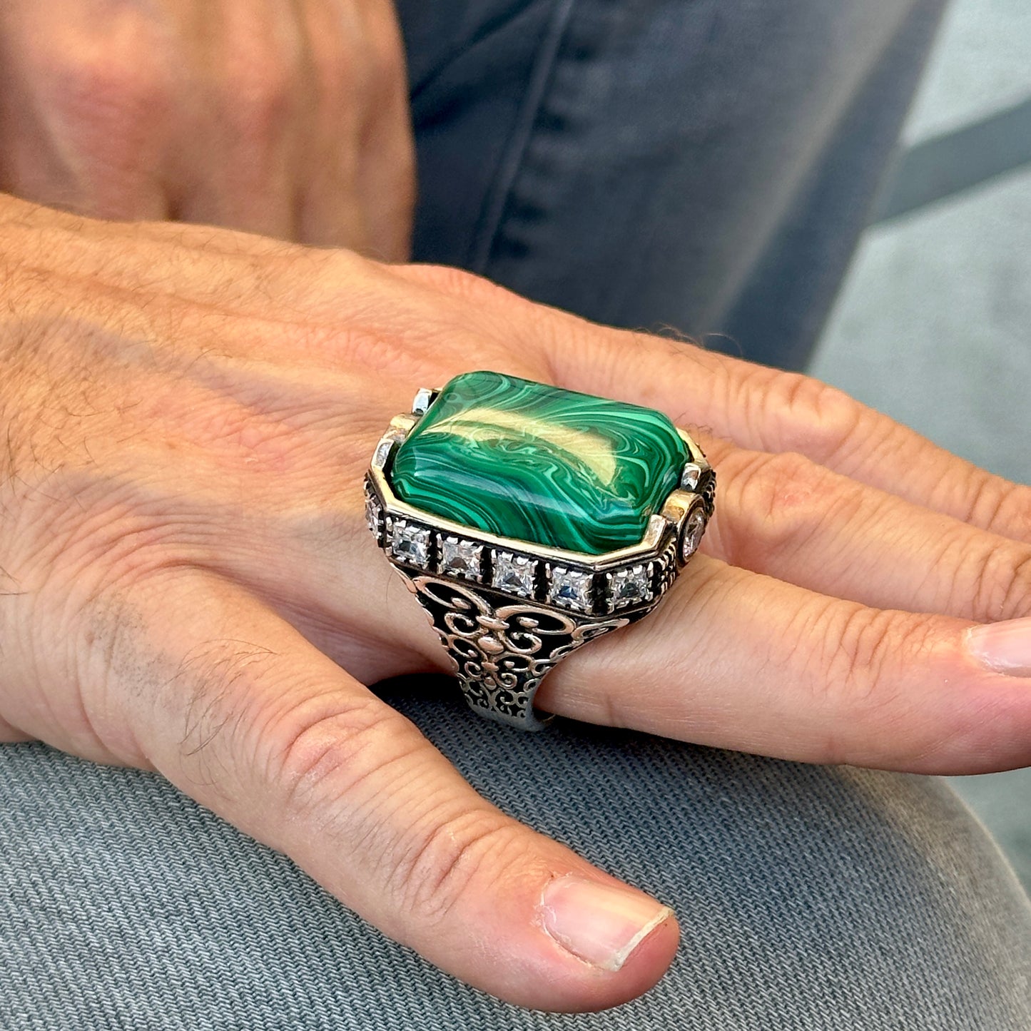 Men Silver Large Square Green Malachite Gemstone Ring