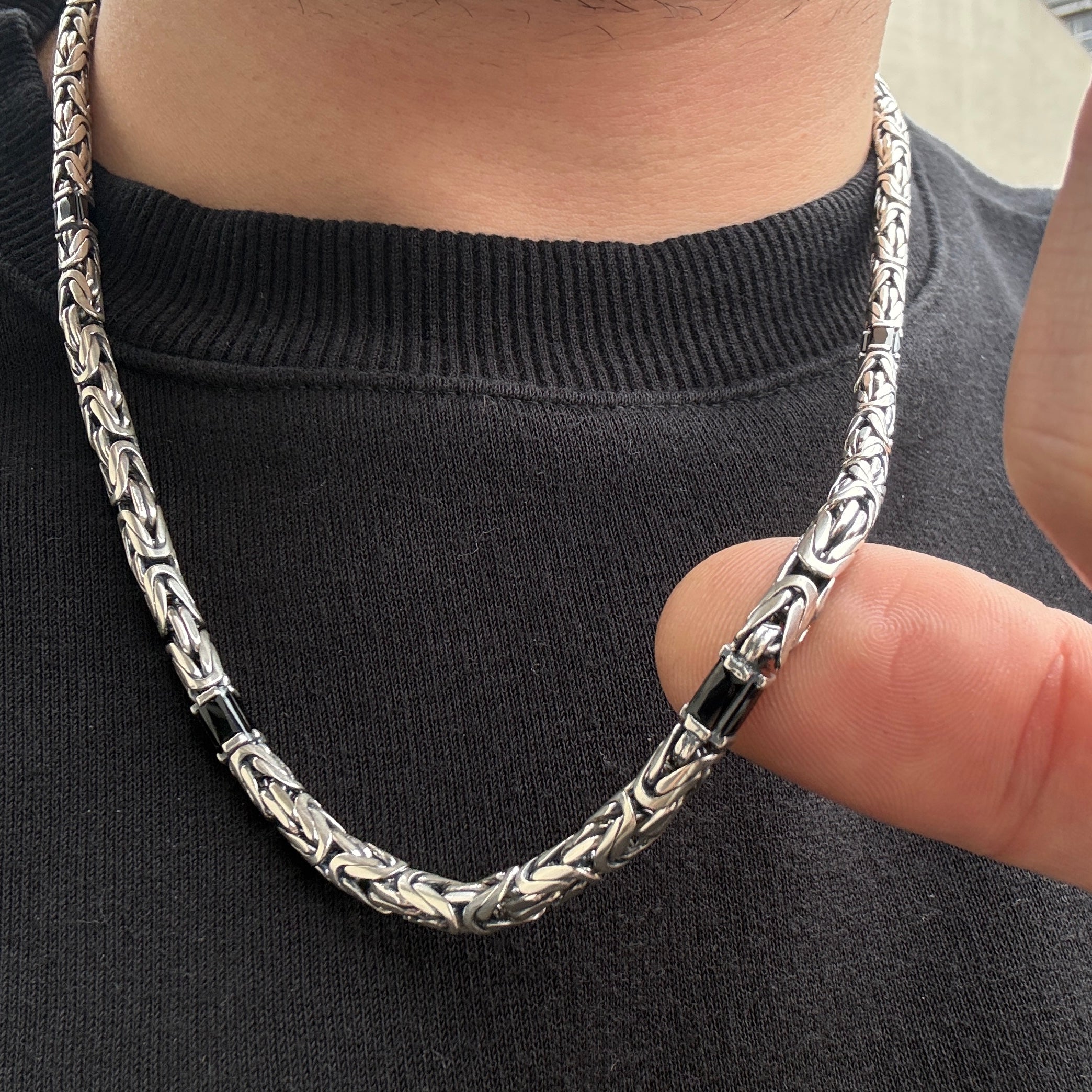 925 Silver 5MM Black Onyx King Byzantine Necklace – Mercan Silver