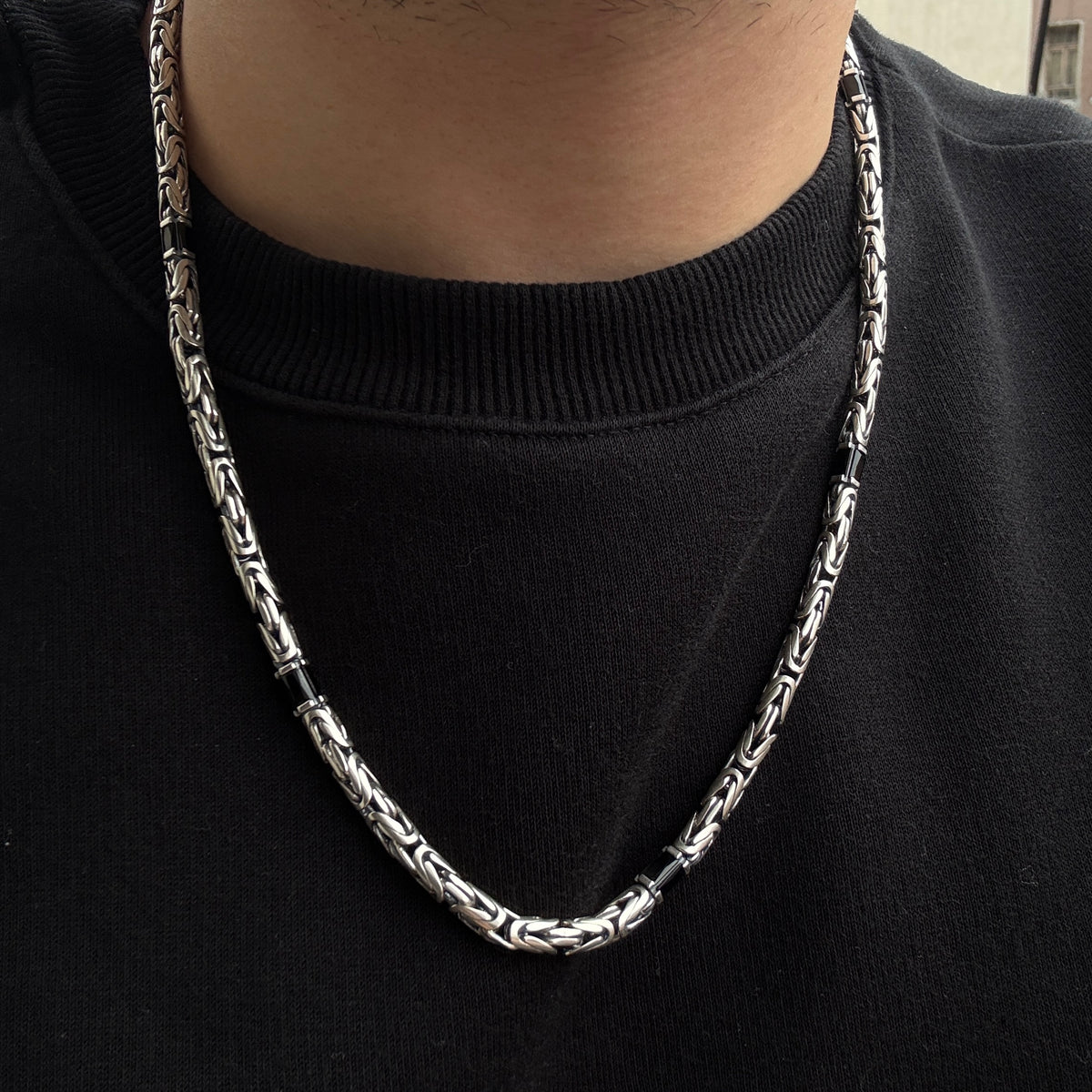 925 Silver 5MM Black Onyx King Byzantine Necklace