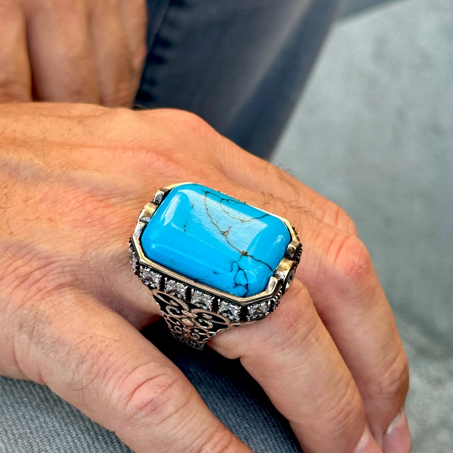 Men Silver Large Turquoise Gemstone Handmade Ring