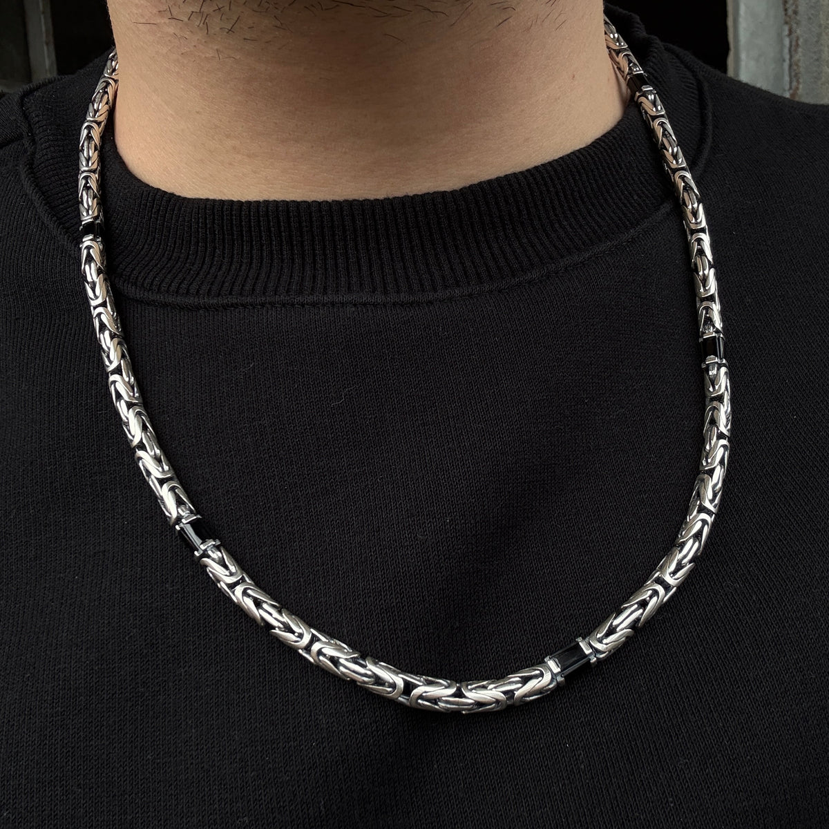 925 Silver 5MM Black Onyx King Byzantine Necklace
