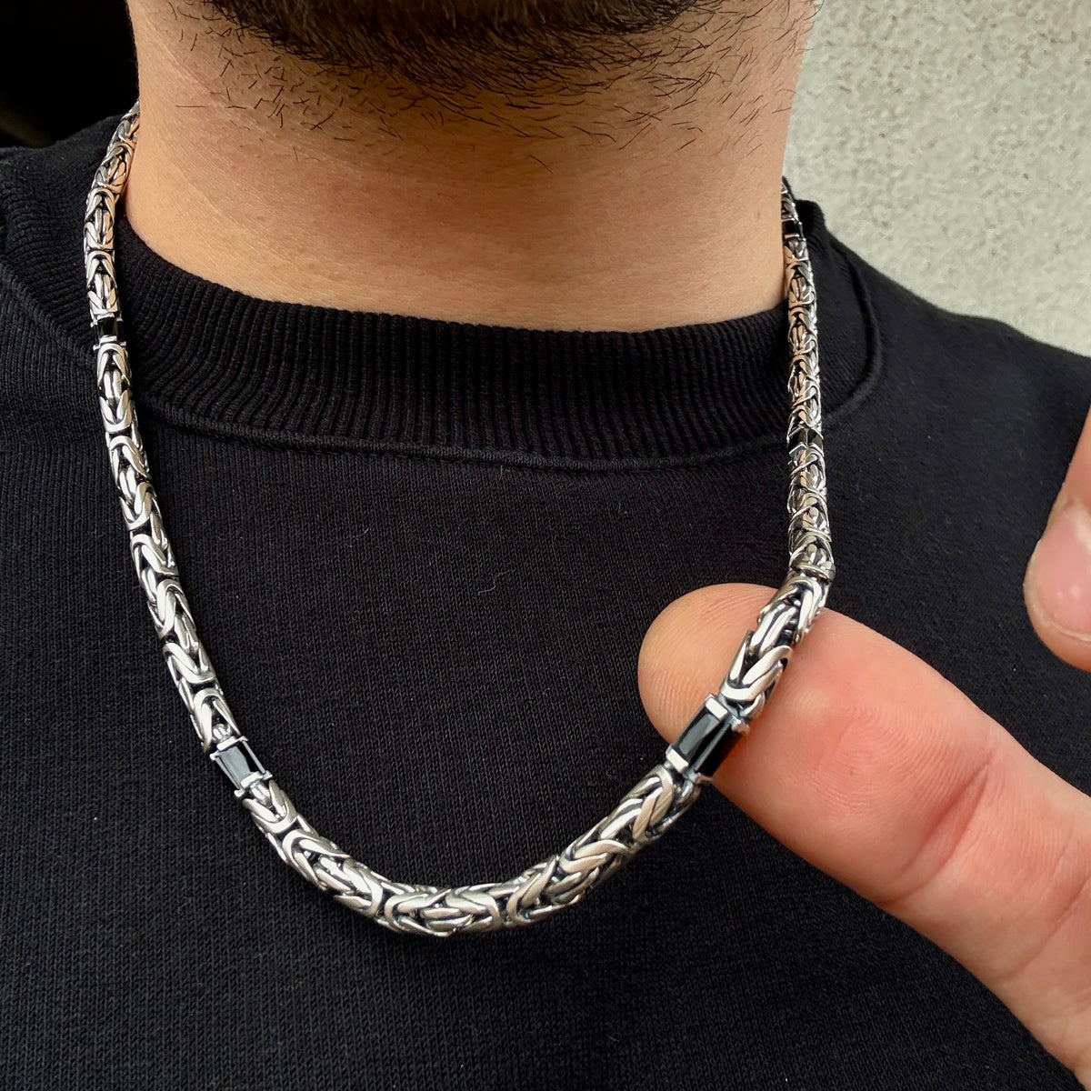 925 Silver 5MM Black Onyx King Byzantine Necklace