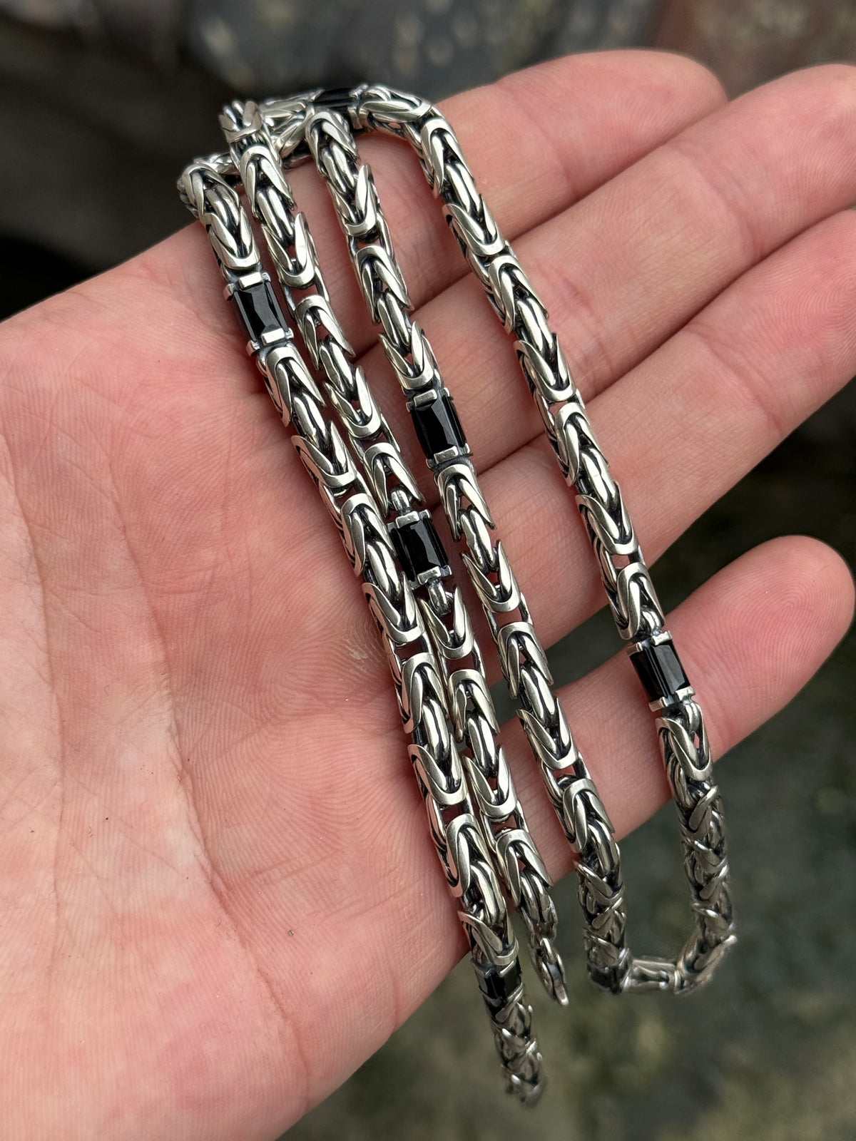 925 Silver 5MM Black Onyx King Byzantine Necklace