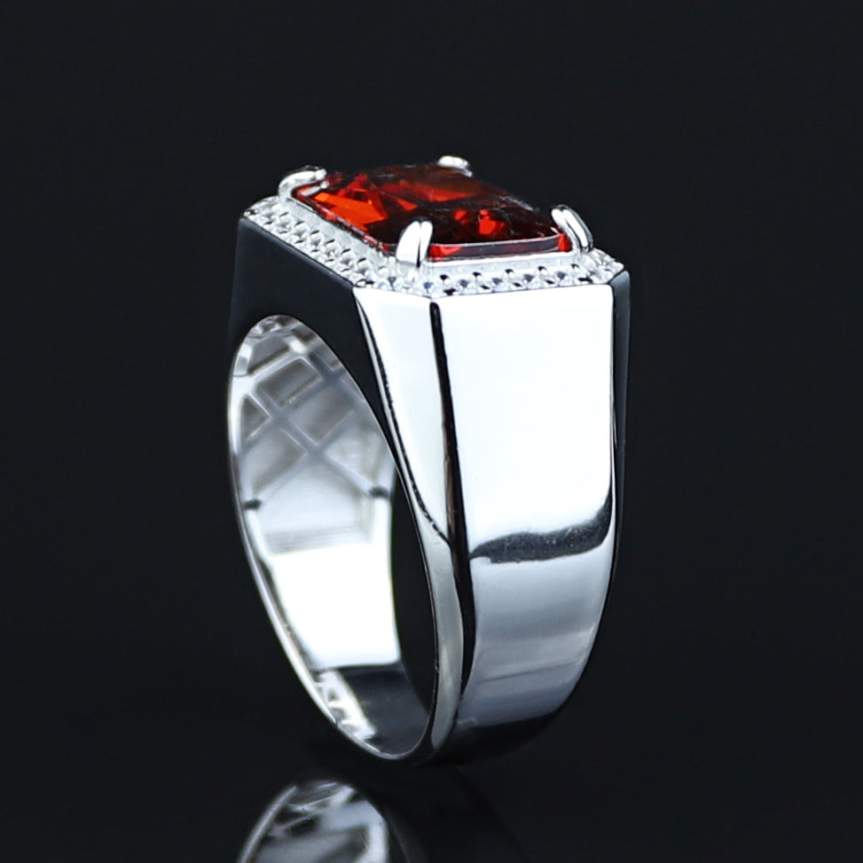 Men Solid Silver Garnet Silver Diamond Men Ring